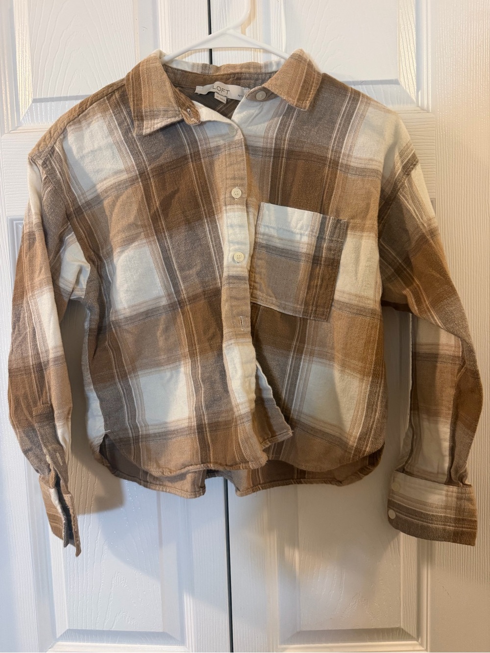 LOFT Plaid Button-Up crop Shirt  Brown & Cream